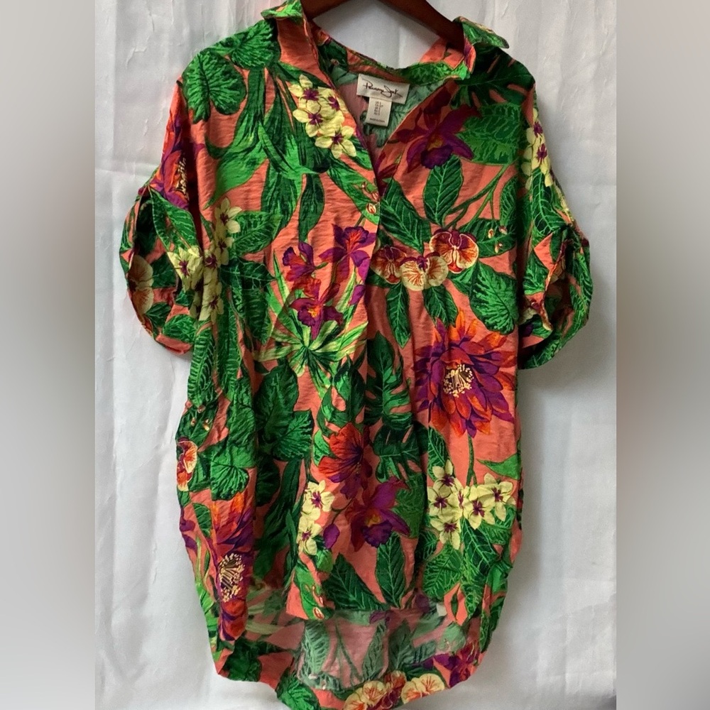 Panama Jack Tropical Floral Linen Blend Button Down Blouse Size Small